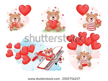 Happy and in love teddy bear with red hearts, bouquet of flowers, on a plane and balloons. Happy Valentine's Day. Set of vector templates in cartoon style for greeting cards.