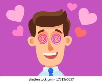 Happy and in love young man. Bewitched and enchanted guy with magic in his eyes. Obsession and love. Vector illustration, flat design, cartoon style, isolated background.