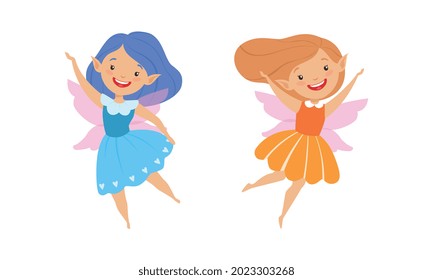 Happy Lovely Fairy Girls Set, Adorable Elves Flying Wearing Bright Costumes Cartoon Vector Illustration