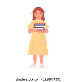 Happy lovely girl standing with pile of books. Sweet kid holding stack of textbooks from school library. Colored flat vector illustration of child or schoolgirl in dress isolated on white background