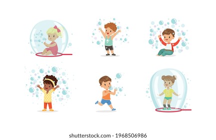 Happy Lovely Kids Playing Soap Bubbles Set, Cute Boys and Girls Blowing Out Bubbles and Sitting Inside It Cartoon Vector Illustration