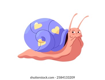 Happy lovely slug with ornamented house on back. Cute snail with heart pattern on coiled, spiral shell. Adorable snailfish character crawls. Flat isolated vector illustration on white background