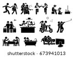 Happy Lover Couple Activities. Stick figures depict boyfriend and girlfriend dating and doing various indoor and outdoor activities together. 