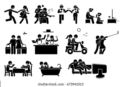 Happy Lover Couple Activities. Stick figures depict boyfriend and girlfriend dating and doing various indoor and outdoor activities together. 