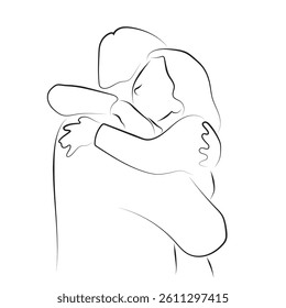 happy lover couple hugging each other illustration vector hand drawn with black lines isolated on white background.