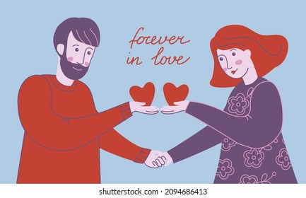 Happy lover man and woman holding a heart symbols. 