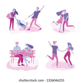 Happy Lover Relationship, scenes with romantic couple kissing, hugging, riding bicycle, walking, playing tennis, guitar, doing yoga, dansing. Characters Valentine day Set. Colorful vector illustration