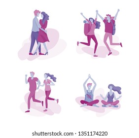Happy Lover Relationship, scenes with romantic couple kissing, hugging, riding bicycle, walking, playing tennis, guitar, doing yoga, dansing. Characters Valentine day Set. Colorful vector illustration