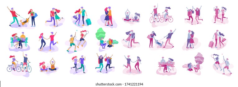 Happy Lover Relationship, scenes with romantic couple kissing, hugging, riding bicycle, walking, playing tennis, guitar, doing yoga, dansing. Characters Valentine day Set. Colorful vector illustration