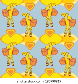 Happy lovers camel with baskets on their backs and on the background with hearts. Seamless texture