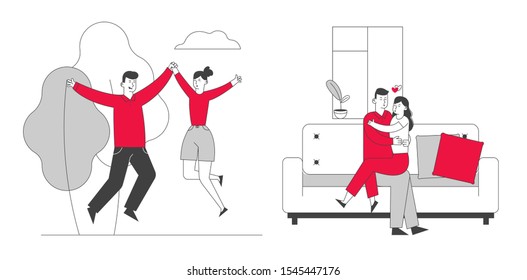 Happy Lovers Dating. Loving Couple Romantic Relations. Man Holding Woman on Hands Hugging and Kissing. . Connection Feelings Emotions Romance Lifestyle Love Cartoon Flat Vector Illustration, Line Art