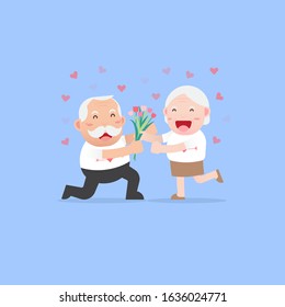 Happy lovers Grandparents, Senior couples retired elderly are Smiling, Man giving bouquet flowers to Woman, a rose on a date, Love concept, Character Cartoon design flat style Vector illustration