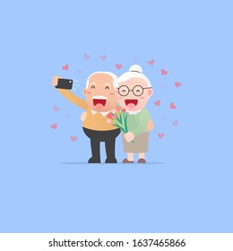 Happy lovers Grandparents, Senior couples retired elderly are hugging and making selfie photo together, Man giving bouquet flowers to Woman, Character Cartoon design flat style Vector illustration