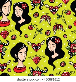 Happy Lovers green seamless pattern.