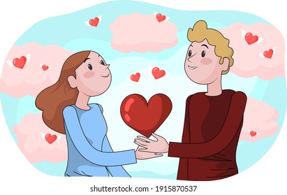 los amantes felices se toman de la mano y se miran