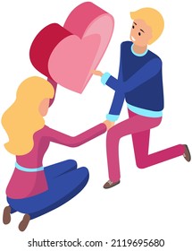 Happy lovers hold hands and look at each other. Couple in relationship holding big heart. People in love, dating, romance. Guy on one knee looking at girlfriend lovely. Valentine card, symbol of love