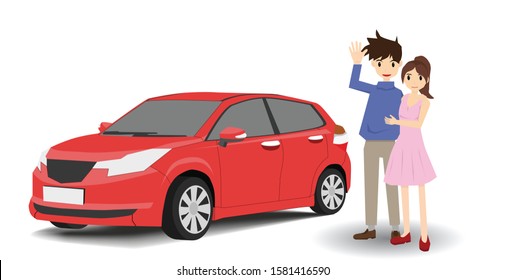 Happy lovers hug beside the red car Prepare for travel on isolated white background.