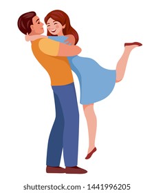happy lovers hugging, guy lifted the girl.