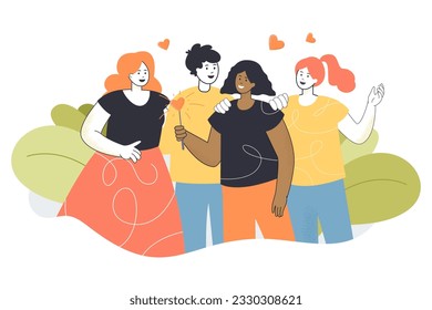 Amantes felices abrazando ilustración vectorial. Hombre en relación con tres mujeres o un grupo diverso de amigos que se abrazan y ríen. Familia interracial, poligamia, concepto matrimonial