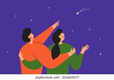 Happy lovers looking at shooting star. Man hugging woman pointing hand at star. Smiling couple enjoy blue night sky. Love, make wish, romantic relationship. Comet, starry space vector illustration