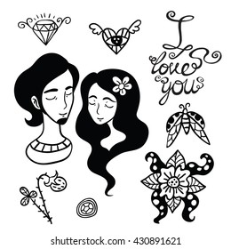 Happy lovers outline elements collection.