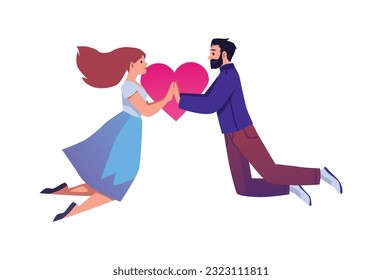 Happy lovers touch with palms and fly together flat style, vector illustration isolated on white background. Inspired emotional people, heart, decorative design element