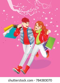 Happy lovers walking under the cherry blossom trees, carrying several shopping bags. This vector suitable for Chinese New Year/ Valentine or winter sales.
