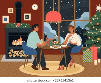 Happy loving couple celebrating Christmas and New Year at home