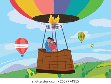 Happy loving couple characters flying air hot balloon enjoying romantic travel adventure over picturesque landscape. Girlfriend and boyfriend in love hugs floating in basket vector illustration