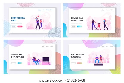 Happy Loving Couple and Family with Children Weekend Leisure and Sport Spare Time Website Landing Page Set. Man and Woman Watch Tv, Parents with Kids Web Page Banner. Cartoon Flat Vector Illustration