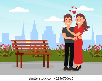 Happy loving couple having date in park. Happy lovers hugging on background of city landscape cartoon vector
