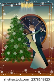 Happy loving couple having fun on New Year party near Christmas tree. Concept for holiday, winter holidays, New Year, Christmas