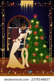 Happy loving couple having fun on New Year party near Christmas tree. Concept for holiday, winter holidays, New Year, Christmas