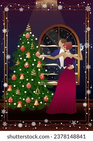 Happy liebevolles Ehepaar Spaß auf Neujahrsfeier nahe Weihnachtsbaum. Konzept für Urlaub, Winterferien, Neujahr, Weihnachten