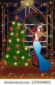 Happy loving couple having fun on New Year party near Christmas tree. Concept for holiday, winter holidays, New Year, Christmas