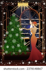 Happy loving couple having fun on New Year party near Christmas tree. Concept for holiday, winter holidays, New Year, Christmas