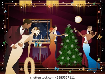 Happy loving couple having fun on New Year party near Christmas tree. Concept for holiday, winter holidays, New Year, Christmas
