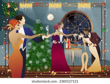 Happy loving couple having fun on New Year party near Christmas tree. Concept for holiday, winter holidays, New Year, Christmas