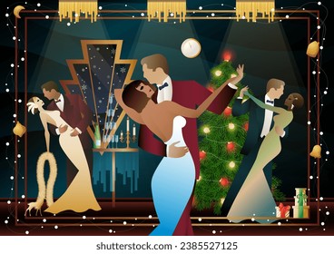 Happy loving couple having fun on New Year party near Christmas tree. Concept for holiday, winter holidays, New Year, Christmas