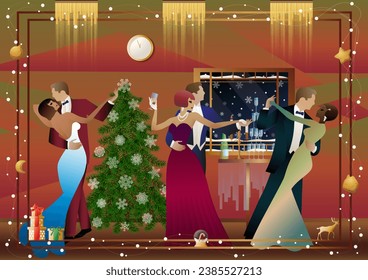 Happy loving couple having fun on New Year party near Christmas tree. Concept for holiday, winter holidays, New Year, Christmas