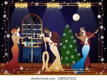 Happy loving couple having fun on New Year party near Christmas tree. Concept for holiday, winter holidays, New Year, Christmas