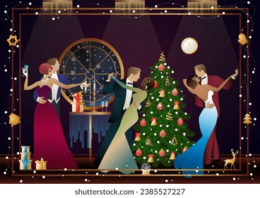 Happy loving couple having fun on New Year party near Christmas tree. Concept for holiday, winter holidays, New Year, Christmas