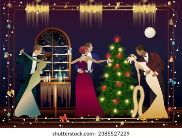 Happy loving couple having fun on New Year party near Christmas tree. Concept for holiday, winter holidays, New Year, Christmas