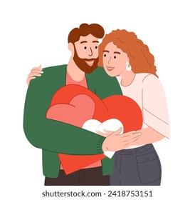 Happy loving couple holding many heart-shaped cards for Valentines day.People with likes in hands.Kind volunteer with donations.Charity concept.Flat vector illustration isolated on white background