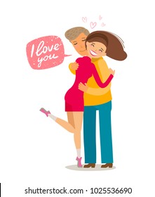 Happy loving couple hugging each other. Romance, love concept. Cartoon vector illustration in flat style