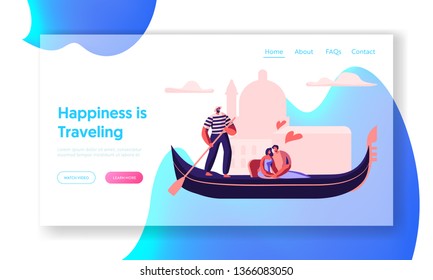Happy Loving Couple Hugging in Gondola with Gondolier Floating along Canal. Love in Venice. Man and Woman Traveling to Italy. Website Landing Page, Web Page. Cartoon Flat Vector Illustration, Banner