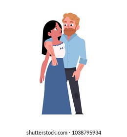 Happy loving couple, hugging and looking at each other, flat cartoon vector illustration on white background. Full length portrait of loving, hugging couple, Caucasian man and Spanish woman