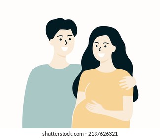 Happy loving couple husband and pregnant woman holding her belly, expecting the birth of child. Motherhood, family, maternity, pregnancy, parenthood concepts. Flat vector isolated Illustrations.