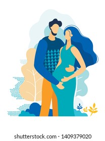 Happy Loving Couple of Husband and Wife Prepare Become Parents. Man Embracing Pregnant Woman with Big Belly on Nature Landscape Background. Young Family Waiting Baby, Cartoon Flat Vector Illustration