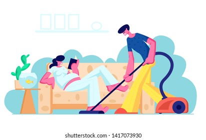 Happy Loving Couple Husband and Wife Prepare Become Parents. Man Vacuuming Floor, Pregnant Woman with Big Belly Reading on Couch. Young Family Waiting Baby, Clean Home Cartoon Flat Vector Illustration